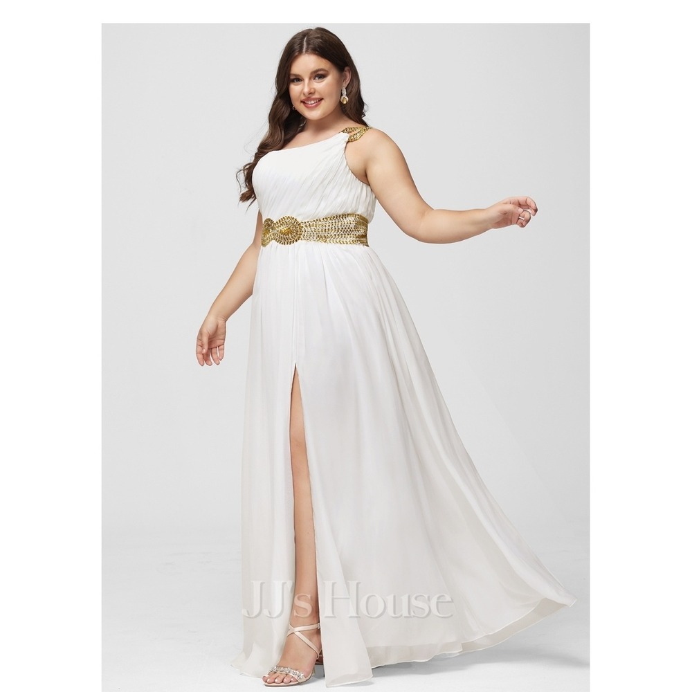 Elegant One Shoulder White Dress with Gold Accents